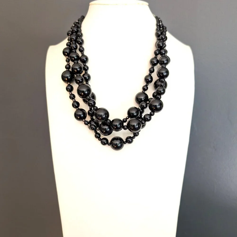 Talbots chunky glossy black and hematite beaded layered necklace